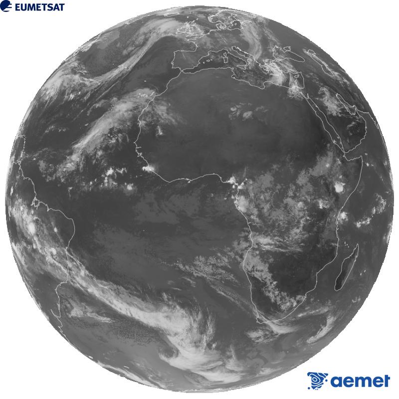 Imagen global del canal infrarrojo (longitud de onda 10.5 �m) del sat�lite geoestacionario europeo Meteosat-12, perteneciente a la tercera generaci�n de sat�lites Meteosat. Las horas indicadas se refieren a la pen�nsula (una hora menos en las Islas Canarias).&nbsp;lunes, 26 octubre 2026 a las 07:00