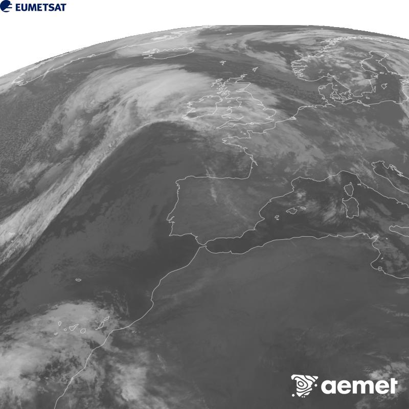 Irudi hau METEOSAT-12 satelitearen 10.5 �m Infragorri kanaleko informazioa erabiliz sortzen da, Meteosat (MTG) sateliteen hirugarren belaunaldikoa. Irudiak giza begiaren pertzepzioaren antz handiagoa izan dezan, grisen eskala alderantzizkoa da. Ordu horiek penintsulari dagozkio (ordubete gutxiago Kanariar Uharteetan).&nbsp;astelehena, 2026ko urriak 26, ordua: 08:00