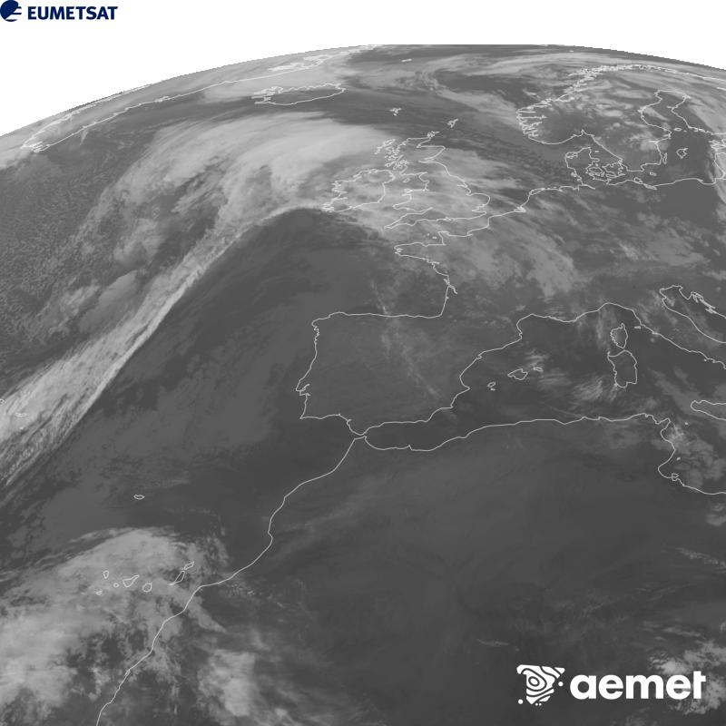 Irudi hau METEOSAT-12 satelitearen 10.5 �m Infragorri kanaleko informazioa erabiliz sortzen da, Meteosat (MTG) sateliteen hirugarren belaunaldikoa. Irudiak giza begiaren pertzepzioaren antz handiagoa izan dezan, grisen eskala alderantzizkoa da. Ordu horiek penintsulari dagozkio (ordubete gutxiago Kanariar Uharteetan).&nbsp;astelehena, 2026ko urriak 26, ordua: 09:00