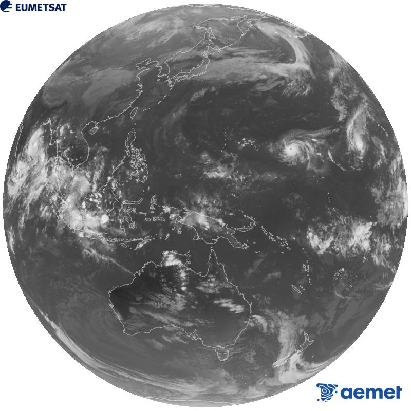 Japoniako Himawari-9 satelite geoegonkorraren kanal infragorriaren irudi globala (10.4 �m uhin-luzera). Ordu horiek penintsulari dagozkio (ordubete gutxiago Kanariar Uharteetan).&nbsp;astelehena, 2026ko urriak 26, ordua: 10:00