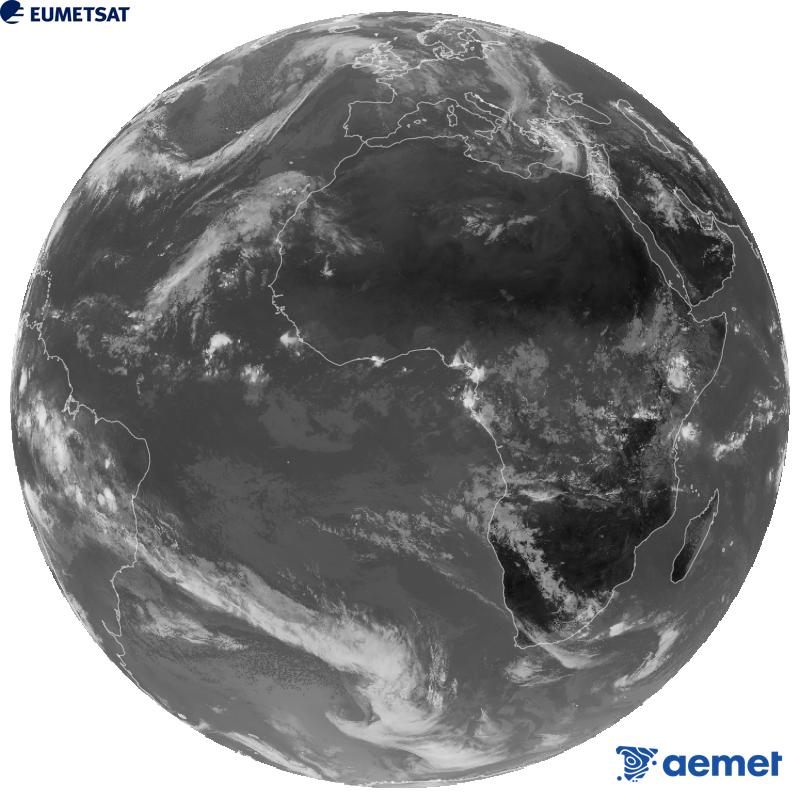 Meteosat-12 satelite geoestazionarioaren kanal infragorriaren irudi globala (10.5 �m uhin-luzera), Meteosat sateliteen hirugarren belaunaldikoa. Ordu horiek penintsulari dagozkio (ordubete gutxiago Kanariar Uharteetan).&nbsp;astelehena, 2026ko urriak 26, ordua: 10:00