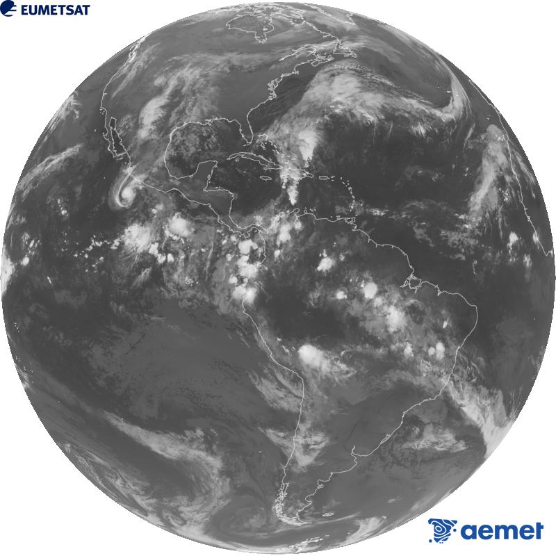 Imatge global del canal infraroig (longitud d'ona 10.3 �m) del sat�l�lit geoestacionari estatunidenc GOES-19. Les hores indicades es referixen a la pen�nsula (una hora menys a les Illes Can�ries).&nbsp;dilluns, 26 d?octubre  2026 10:00