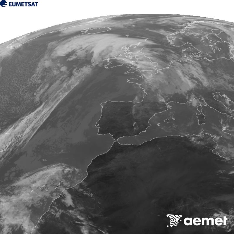 Irudi hau METEOSAT-12 satelitearen 10.5 �m Infragorri kanaleko informazioa erabiliz sortzen da, Meteosat (MTG) sateliteen hirugarren belaunaldikoa. Irudiak giza begiaren pertzepzioaren antz handiagoa izan dezan, grisen eskala alderantzizkoa da. Ordu horiek penintsulari dagozkio (ordubete gutxiago Kanariar Uharteetan).&nbsp;astelehena, 2026ko urriak 26, ordua: 12:00