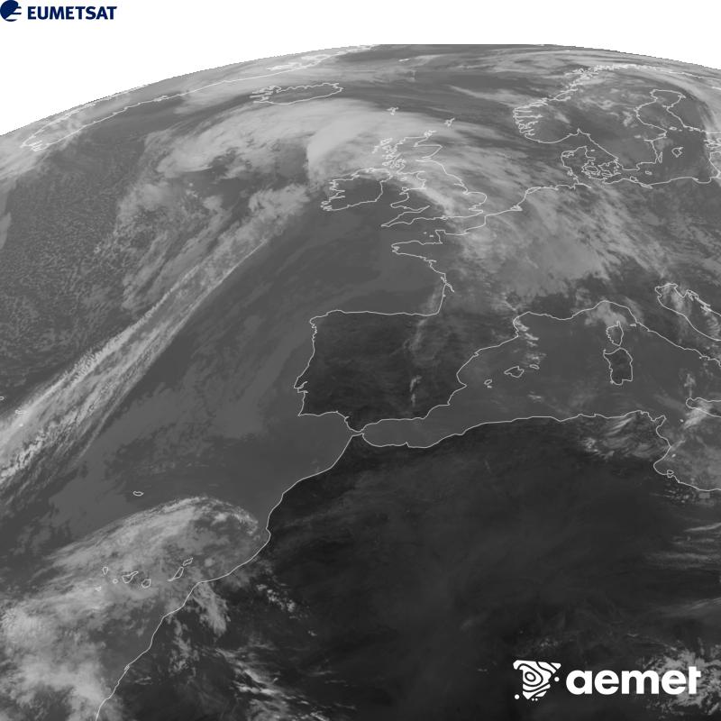 Irudi hau METEOSAT-12 satelitearen 10.5 �m Infragorri kanaleko informazioa erabiliz sortzen da, Meteosat (MTG) sateliteen hirugarren belaunaldikoa. Irudiak giza begiaren pertzepzioaren antz handiagoa izan dezan, grisen eskala alderantzizkoa da. Ordu horiek penintsulari dagozkio (ordubete gutxiago Kanariar Uharteetan).&nbsp;astelehena, 2026ko urriak 26, ordua: 13:00