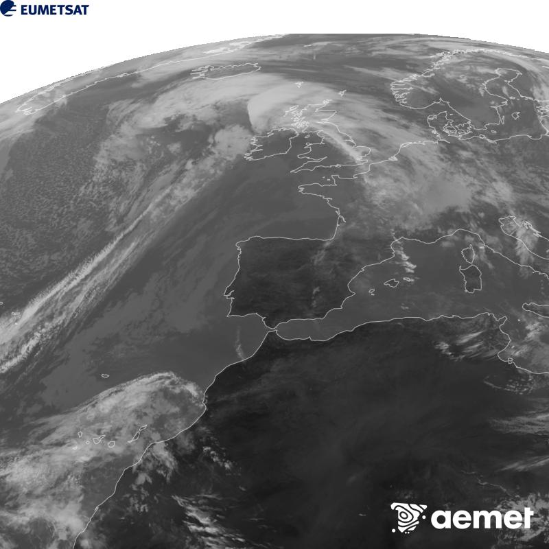 Irudi hau METEOSAT-12 satelitearen 10.5 �m Infragorri kanaleko informazioa erabiliz sortzen da, Meteosat (MTG) sateliteen hirugarren belaunaldikoa. Irudiak giza begiaren pertzepzioaren antz handiagoa izan dezan, grisen eskala alderantzizkoa da. Ordu horiek penintsulari dagozkio (ordubete gutxiago Kanariar Uharteetan).&nbsp;astelehena, 2026ko urriak 26, ordua: 14:00