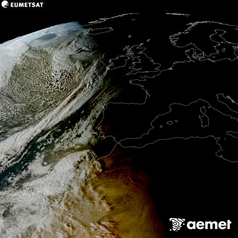 RGB irudi hori METEOSAT-12 satelitearen kanal ikusgarrien informazioa erabiliz sortzen da, Meteosat (MTG) sateliteen hirugarren belaunaldikoa. Horregatik, eguzkiak argiztatzen duen eremuan baino ez dago informaziorik. Espaziotik giza begiak ikusiko lukeenaren oso antzeko itxura duen irudi bat erakusten digu. Ordu horiek penintsulari dagozkio (ordubete gutxiago Kanariar Uharteetan).&nbsp;astelehena, 2026ko urriak 26, ordua: 18:00