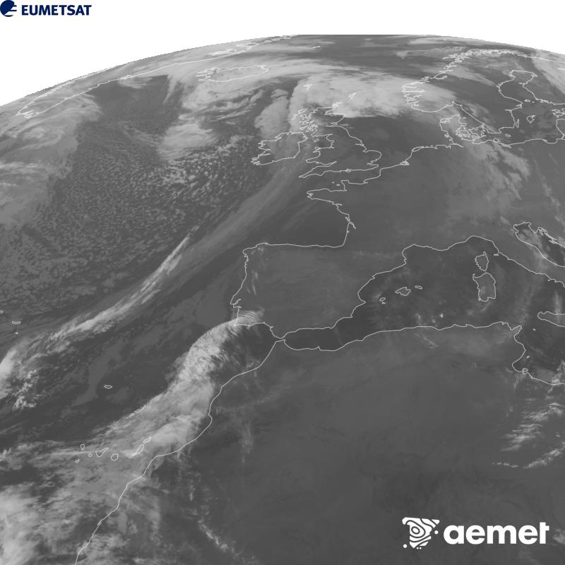 Irudi hau METEOSAT-12 satelitearen 10.5 �m Infragorri kanaleko informazioa erabiliz sortzen da, Meteosat (MTG) sateliteen hirugarren belaunaldikoa. Irudiak giza begiaren pertzepzioaren antz handiagoa izan dezan, grisen eskala alderantzizkoa da. Ordu horiek penintsulari dagozkio (ordubete gutxiago Kanariar Uharteetan).&nbsp;astelehena, 2026ko urriak 26, ordua: 23:00