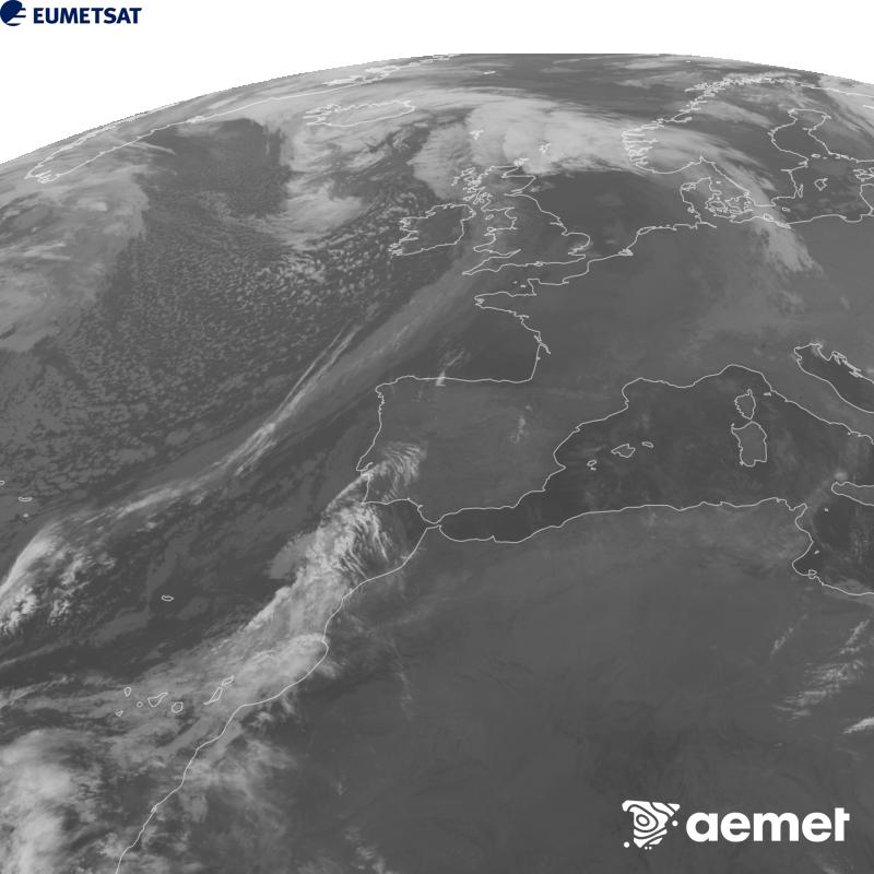 Irudi hau METEOSAT-12 satelitearen 10.5 �m Infragorri kanaleko informazioa erabiliz sortzen da, Meteosat (MTG) sateliteen hirugarren belaunaldikoa. Irudiak giza begiaren pertzepzioaren antz handiagoa izan dezan, grisen eskala alderantzizkoa da. Ordu horiek penintsulari dagozkio (ordubete gutxiago Kanariar Uharteetan).&nbsp;asteartea, 2026ko urriak 27, ordua: 01:00