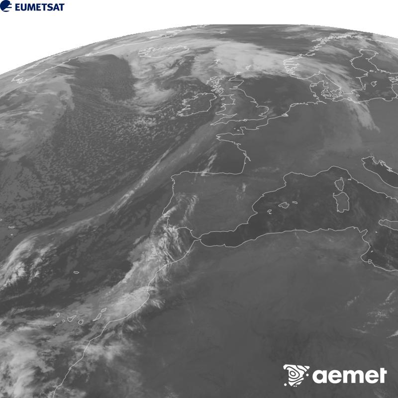 Irudi hau METEOSAT-12 satelitearen 10.5 �m Infragorri kanaleko informazioa erabiliz sortzen da, Meteosat (MTG) sateliteen hirugarren belaunaldikoa. Irudiak giza begiaren pertzepzioaren antz handiagoa izan dezan, grisen eskala alderantzizkoa da. Ordu horiek penintsulari dagozkio (ordubete gutxiago Kanariar Uharteetan).&nbsp;asteartea, 2026ko urriak 27, ordua: 02:00