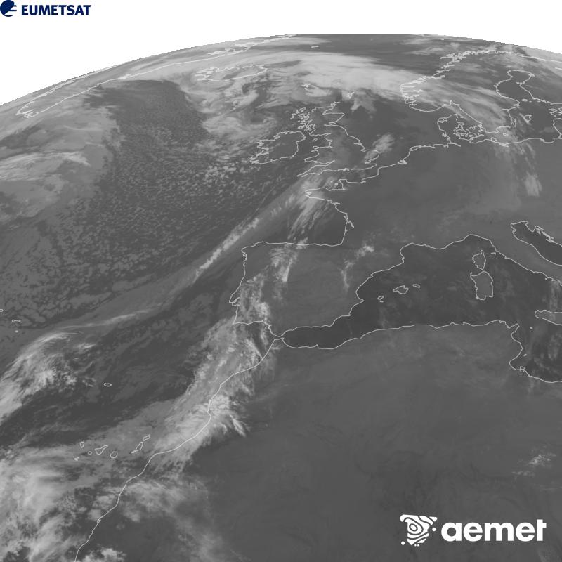 Irudi hau METEOSAT-12 satelitearen 10.5 �m Infragorri kanaleko informazioa erabiliz sortzen da, Meteosat (MTG) sateliteen hirugarren belaunaldikoa. Irudiak giza begiaren pertzepzioaren antz handiagoa izan dezan, grisen eskala alderantzizkoa da. Ordu horiek penintsulari dagozkio (ordubete gutxiago Kanariar Uharteetan).&nbsp;asteartea, 2026ko urriak 27, ordua: 04:00