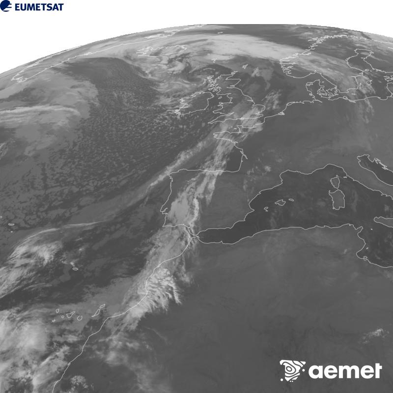 Cette image a �t� g�n�r�e � partir des donn�es du canal infrarouge 10,5 �m du satellite METEOSAT-12, qui fait partie de la troisi�me g�n�ration de satellites Meteosat (MTG). Afin que l'image se rapproche davantage de la perception de l'oeil humain, l'�chelle de gris a �t� invers�e. Les heures indiqu�es se rapportent � la p�ninsule (une heure de moins aux �les Canaries).&nbsp;mardi, 27 octobre  2026 06:00
