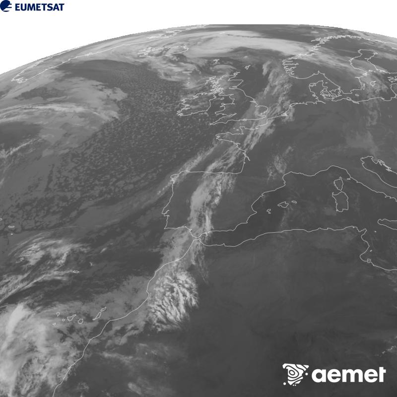 Esta imagen se genera utilizando informaci�n del canal Infrarrojo 10.5 �m del sat�lite METEOSAT-12, perteneciente a la tercera generaci�n de sat�lites Meteosat (MTG). Para que la imagen se asemeje m�s a la percepci�n del ojo humano, la escala de grises est� invertida. Las horas indicadas se refieren a la pen�nsula (una hora menos en las Islas Canarias).&nbsp;martes, 27 octubre 2026 a las 09:00