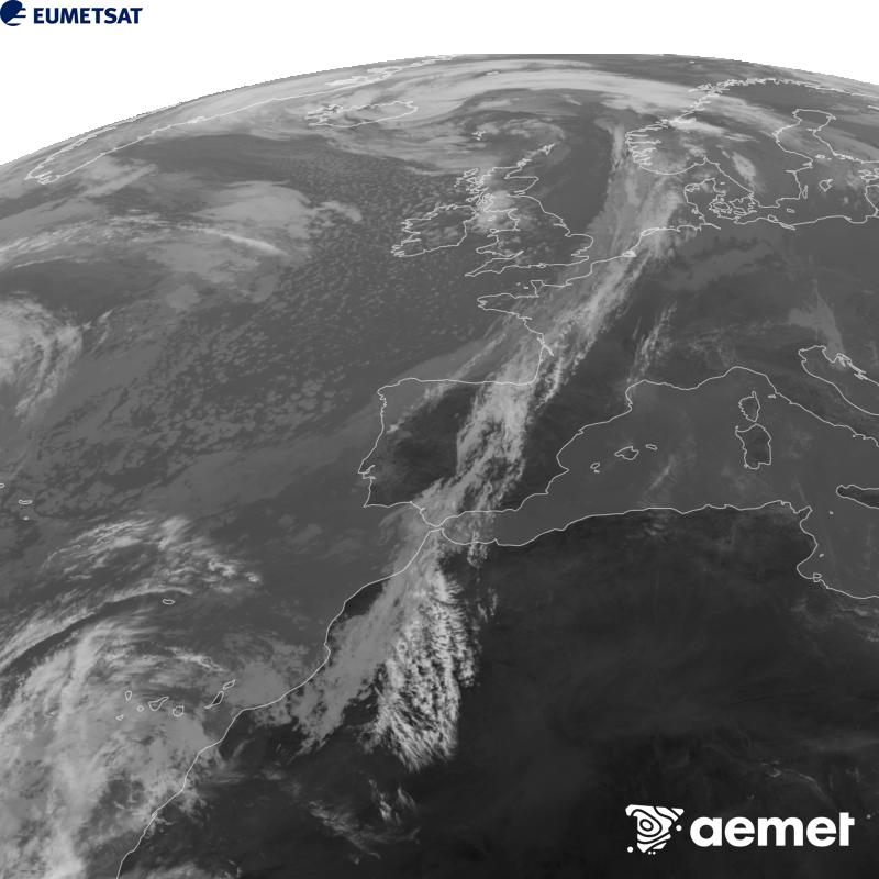 Esta imagen se genera utilizando informaci�n del canal Infrarrojo 10.5 �m del sat�lite METEOSAT-12, perteneciente a la tercera generaci�n de sat�lites Meteosat (MTG). Para que la imagen se asemeje m�s a la percepci�n del ojo humano, la escala de grises est� invertida. Las horas indicadas se refieren a la pen�nsula (una hora menos en las Islas Canarias).&nbsp;martes, 27 octubre 2026 a las 13:00