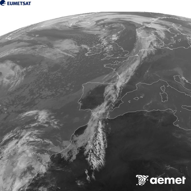 Esta imagen se genera utilizando informaci�n del canal Infrarrojo 10.5 �m del sat�lite METEOSAT-12, perteneciente a la tercera generaci�n de sat�lites Meteosat (MTG). Para que la imagen se asemeje m�s a la percepci�n del ojo humano, la escala de grises est� invertida. Las horas indicadas se refieren a la pen�nsula (una hora menos en las Islas Canarias).&nbsp;martes, 27 octubre 2026 a las 15:00