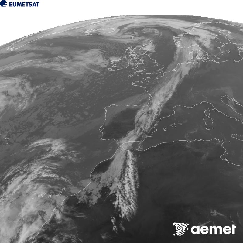 Esta imagen se genera utilizando informaci�n del canal Infrarrojo 10.5 �m del sat�lite METEOSAT-12, perteneciente a la tercera generaci�n de sat�lites Meteosat (MTG). Para que la imagen se asemeje m�s a la percepci�n del ojo humano, la escala de grises est� invertida. Las horas indicadas se refieren a la pen�nsula (una hora menos en las Islas Canarias).&nbsp;martes, 27 octubre 2026 a las 16:00