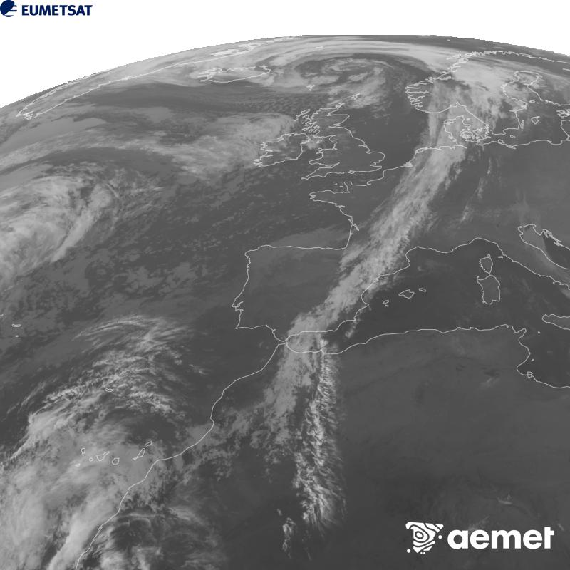 Esta imagen se genera utilizando informaci�n del canal Infrarrojo 10.5 �m del sat�lite METEOSAT-12, perteneciente a la tercera generaci�n de sat�lites Meteosat (MTG). Para que la imagen se asemeje m�s a la percepci�n del ojo humano, la escala de grises est� invertida. Las horas indicadas se refieren a la pen�nsula (una hora menos en las Islas Canarias).&nbsp;martes, 27 octubre 2026 a las 19:00