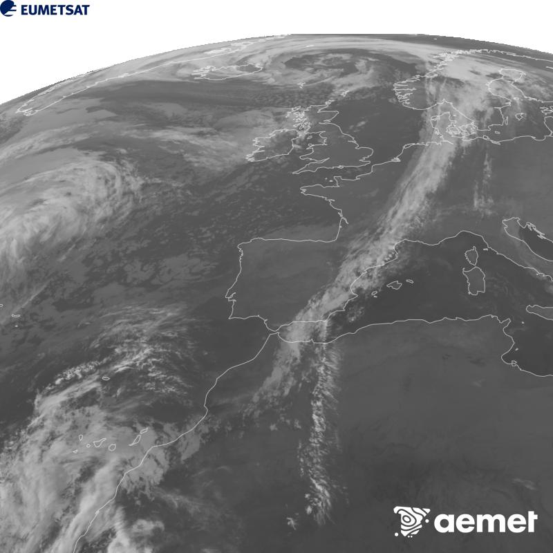 Esta imagen se genera utilizando informaci�n del canal Infrarrojo 10.5 �m del sat�lite METEOSAT-12, perteneciente a la tercera generaci�n de sat�lites Meteosat (MTG). Para que la imagen se asemeje m�s a la percepci�n del ojo humano, la escala de grises est� invertida. Las horas indicadas se refieren a la pen�nsula (una hora menos en las Islas Canarias).&nbsp;martes, 27 octubre 2026 a las 21:00