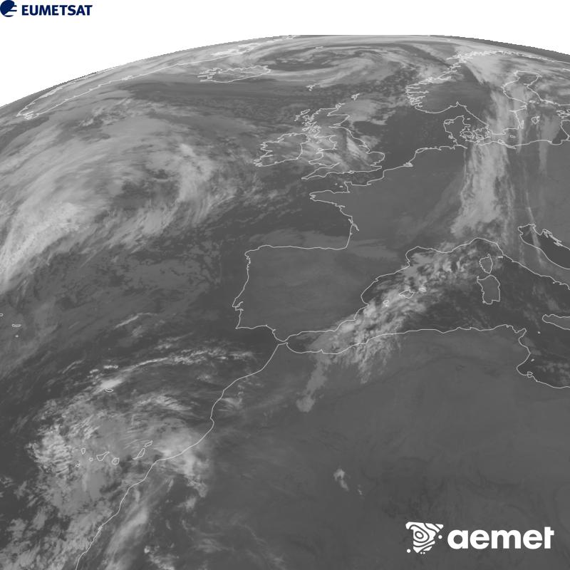 Cette image a �t� g�n�r�e � partir des donn�es du canal infrarouge 10,5 �m du satellite METEOSAT-12, qui fait partie de la troisi�me g�n�ration de satellites Meteosat (MTG). Afin que l'image se rapproche davantage de la perception de l'oeil humain, l'�chelle de gris a �t� invers�e. Les heures indiqu�es se rapportent � la p�ninsule (une heure de moins aux �les Canaries).&nbsp;mercredi, 28 octobre  2026 05:00