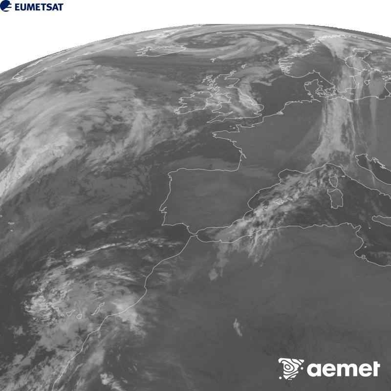 Cette image a �t� g�n�r�e � partir des donn�es du canal infrarouge 10,5 �m du satellite METEOSAT-12, qui fait partie de la troisi�me g�n�ration de satellites Meteosat (MTG). Afin que l'image se rapproche davantage de la perception de l'oeil humain, l'�chelle de gris a �t� invers�e. Les heures indiqu�es se rapportent � la p�ninsule (une heure de moins aux �les Canaries).&nbsp;mercredi, 28 octobre  2026 06:00