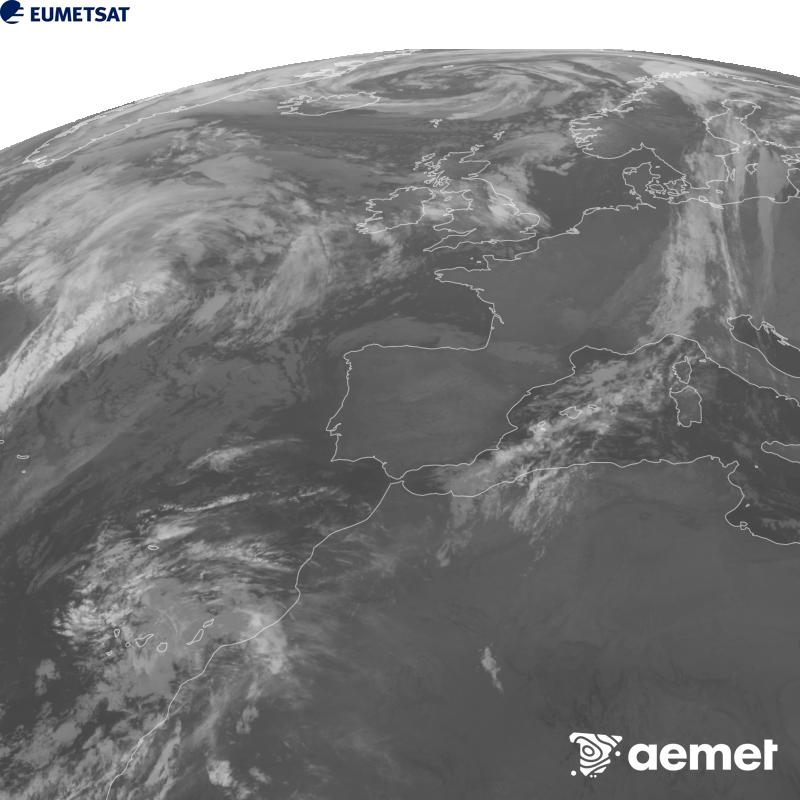 Cette image a �t� g�n�r�e � partir des donn�es du canal infrarouge 10,5 �m du satellite METEOSAT-12, qui fait partie de la troisi�me g�n�ration de satellites Meteosat (MTG). Afin que l'image se rapproche davantage de la perception de l'oeil humain, l'�chelle de gris a �t� invers�e. Les heures indiqu�es se rapportent � la p�ninsule (une heure de moins aux �les Canaries).&nbsp;mercredi, 28 octobre  2026 07:00