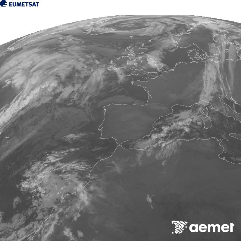Cette image a �t� g�n�r�e � partir des donn�es du canal infrarouge 10,5 �m du satellite METEOSAT-12, qui fait partie de la troisi�me g�n�ration de satellites Meteosat (MTG). Afin que l'image se rapproche davantage de la perception de l'oeil humain, l'�chelle de gris a �t� invers�e. Les heures indiqu�es se rapportent � la p�ninsule (une heure de moins aux �les Canaries).&nbsp;mercredi, 28 octobre  2026 08:00
