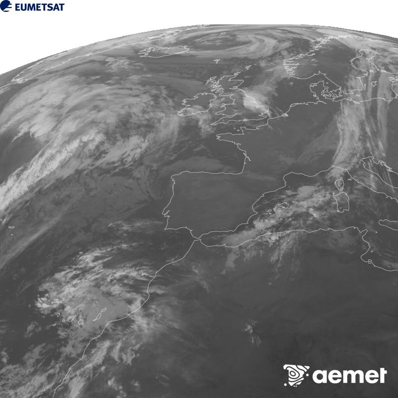 Cette image a �t� g�n�r�e � partir des donn�es du canal infrarouge 10,5 �m du satellite METEOSAT-12, qui fait partie de la troisi�me g�n�ration de satellites Meteosat (MTG). Afin que l'image se rapproche davantage de la perception de l'oeil humain, l'�chelle de gris a �t� invers�e. Les heures indiqu�es se rapportent � la p�ninsule (une heure de moins aux �les Canaries).&nbsp;mercredi, 28 octobre  2026 09:00