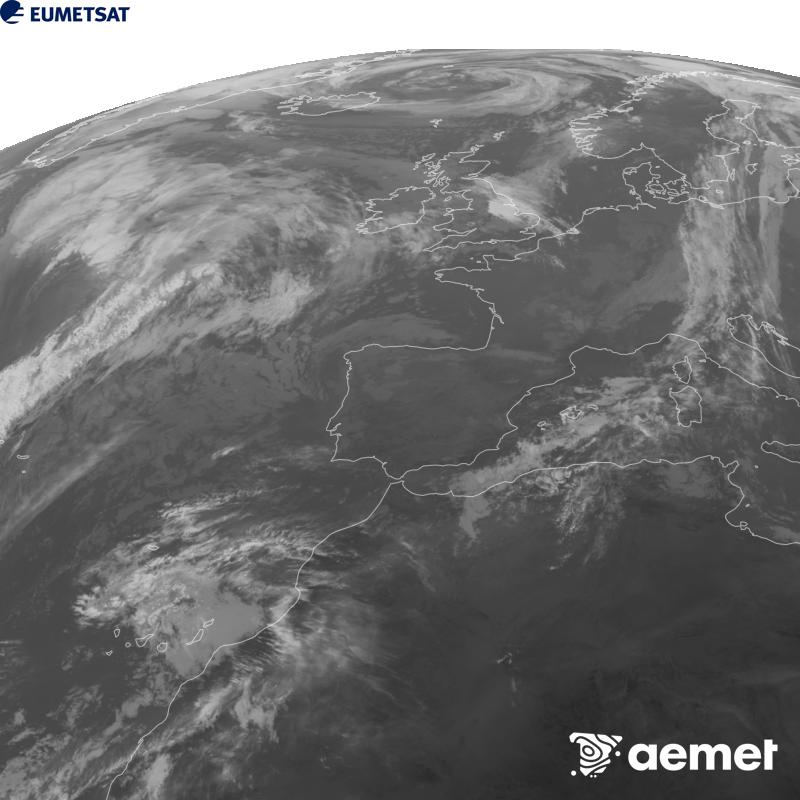 Cette image a �t� g�n�r�e � partir des donn�es du canal infrarouge 10,5 �m du satellite METEOSAT-12, qui fait partie de la troisi�me g�n�ration de satellites Meteosat (MTG). Afin que l'image se rapproche davantage de la perception de l'oeil humain, l'�chelle de gris a �t� invers�e. Les heures indiqu�es se rapportent � la p�ninsule (une heure de moins aux �les Canaries).&nbsp;mercredi, 28 octobre  2026 10:00