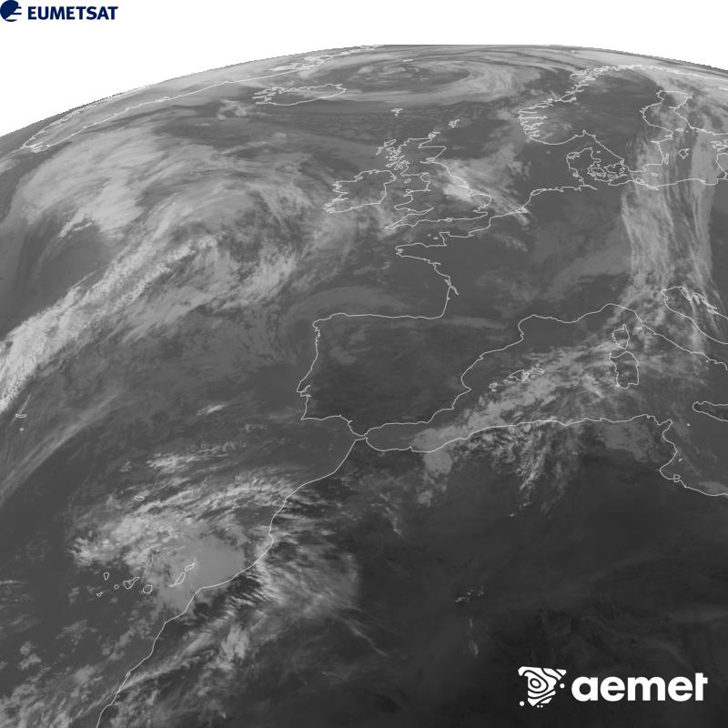 Cette image a �t� g�n�r�e � partir des donn�es du canal infrarouge 10,5 �m du satellite METEOSAT-12, qui fait partie de la troisi�me g�n�ration de satellites Meteosat (MTG). Afin que l'image se rapproche davantage de la perception de l'oeil humain, l'�chelle de gris a �t� invers�e. Les heures indiqu�es se rapportent � la p�ninsule (une heure de moins aux �les Canaries).&nbsp;mercredi, 28 octobre  2026 11:00