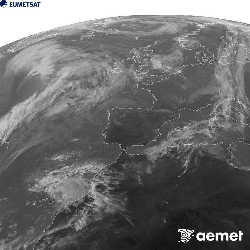Cette image a �t� g�n�r�e � partir des donn�es du canal infrarouge 10,5 �m du satellite METEOSAT-12, qui fait partie de la troisi�me g�n�ration de satellites Meteosat (MTG). Afin que l'image se rapproche davantage de la perception de l'oeil humain, l'�chelle de gris a �t� invers�e. Les heures indiqu�es se rapportent � la p�ninsule (une heure de moins aux �les Canaries).&nbsp;mercredi, 28 octobre  2026 12:00