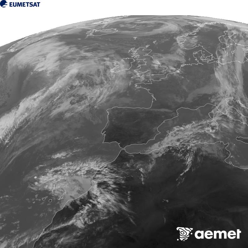 Cette image a �t� g�n�r�e � partir des donn�es du canal infrarouge 10,5 �m du satellite METEOSAT-12, qui fait partie de la troisi�me g�n�ration de satellites Meteosat (MTG). Afin que l'image se rapproche davantage de la perception de l'oeil humain, l'�chelle de gris a �t� invers�e. Les heures indiqu�es se rapportent � la p�ninsule (une heure de moins aux �les Canaries).&nbsp;mercredi, 28 octobre  2026 13:00