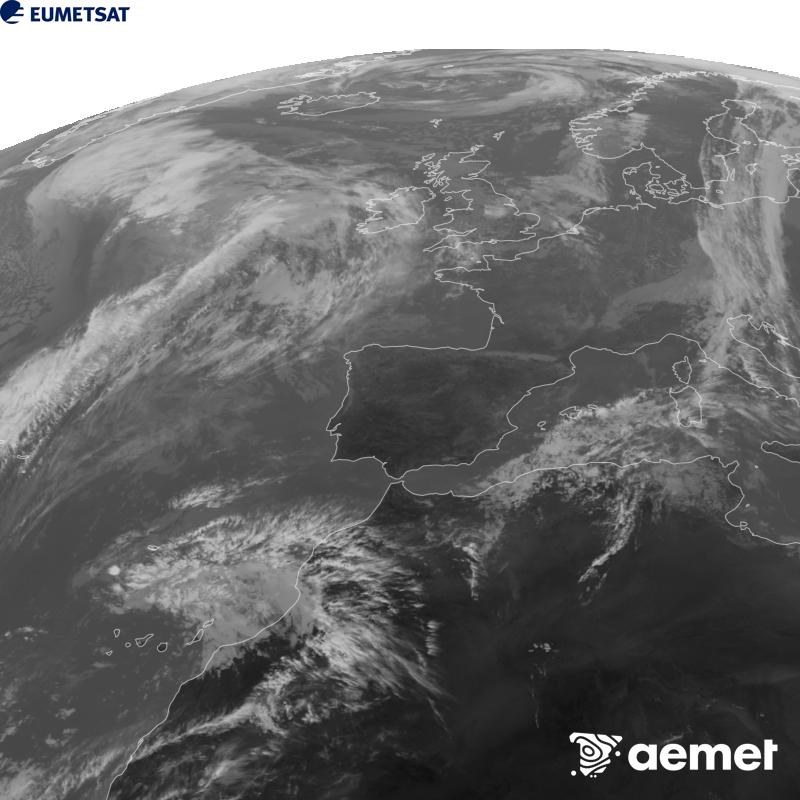 Cette image a �t� g�n�r�e � partir des donn�es du canal infrarouge 10,5 �m du satellite METEOSAT-12, qui fait partie de la troisi�me g�n�ration de satellites Meteosat (MTG). Afin que l'image se rapproche davantage de la perception de l'oeil humain, l'�chelle de gris a �t� invers�e. Les heures indiqu�es se rapportent � la p�ninsule (une heure de moins aux �les Canaries).&nbsp;mercredi, 28 octobre  2026 14:00