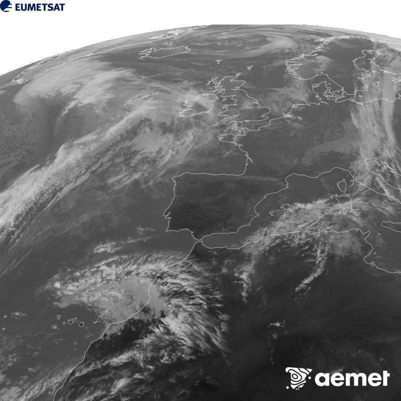 Cette image a �t� g�n�r�e � partir des donn�es du canal infrarouge 10,5 �m du satellite METEOSAT-12, qui fait partie de la troisi�me g�n�ration de satellites Meteosat (MTG). Afin que l'image se rapproche davantage de la perception de l'oeil humain, l'�chelle de gris a �t� invers�e. Les heures indiqu�es se rapportent � la p�ninsule (une heure de moins aux �les Canaries).&nbsp;mercredi, 28 octobre  2026 15:00