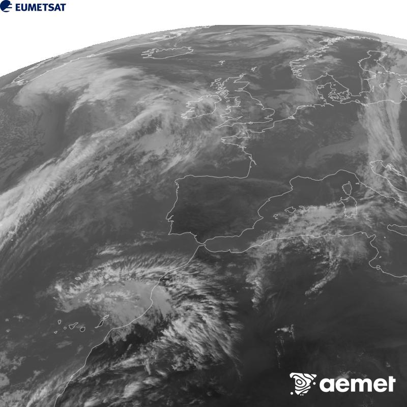 Cette image a �t� g�n�r�e � partir des donn�es du canal infrarouge 10,5 �m du satellite METEOSAT-12, qui fait partie de la troisi�me g�n�ration de satellites Meteosat (MTG). Afin que l'image se rapproche davantage de la perception de l'oeil humain, l'�chelle de gris a �t� invers�e. Les heures indiqu�es se rapportent � la p�ninsule (une heure de moins aux �les Canaries).&nbsp;mercredi, 28 octobre  2026 16:00