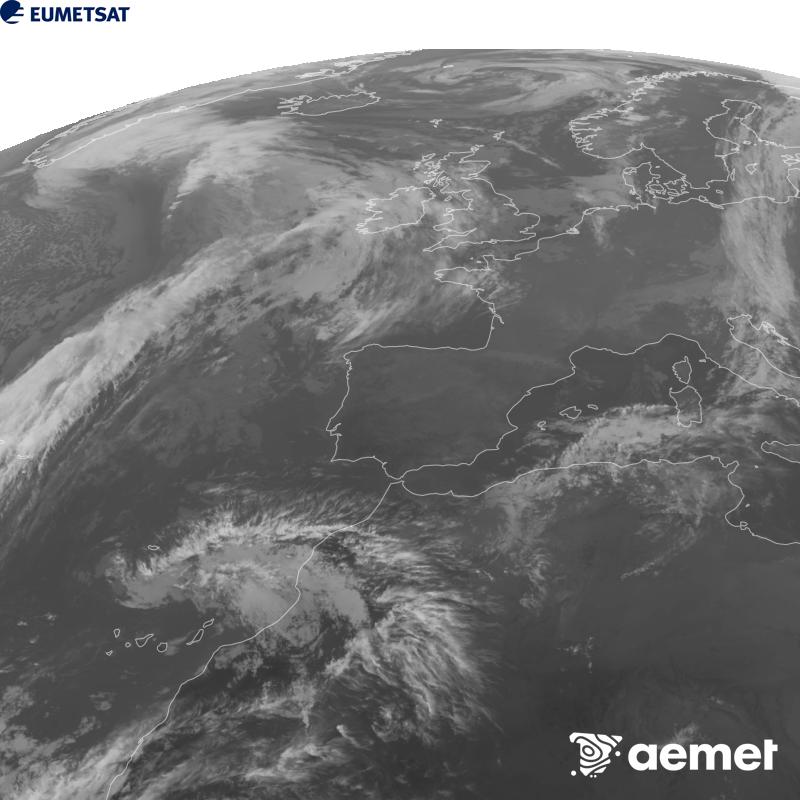 Cette image a �t� g�n�r�e � partir des donn�es du canal infrarouge 10,5 �m du satellite METEOSAT-12, qui fait partie de la troisi�me g�n�ration de satellites Meteosat (MTG). Afin que l'image se rapproche davantage de la perception de l'oeil humain, l'�chelle de gris a �t� invers�e. Les heures indiqu�es se rapportent � la p�ninsule (une heure de moins aux �les Canaries).&nbsp;mercredi, 28 octobre  2026 18:00