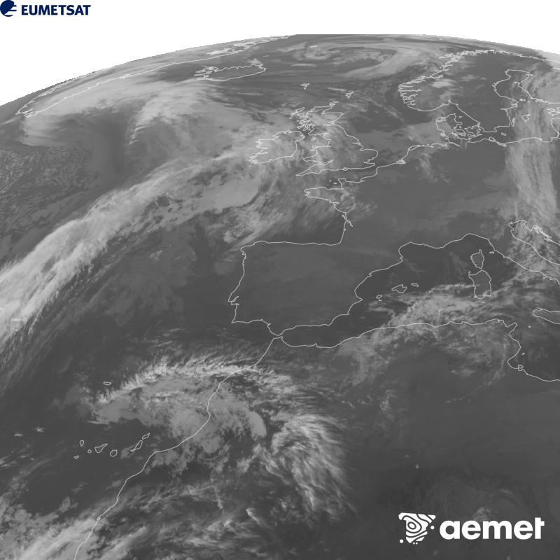 Cette image a �t� g�n�r�e � partir des donn�es du canal infrarouge 10,5 �m du satellite METEOSAT-12, qui fait partie de la troisi�me g�n�ration de satellites Meteosat (MTG). Afin que l'image se rapproche davantage de la perception de l'oeil humain, l'�chelle de gris a �t� invers�e. Les heures indiqu�es se rapportent � la p�ninsule (une heure de moins aux �les Canaries).&nbsp;mercredi, 28 octobre  2026 19:00