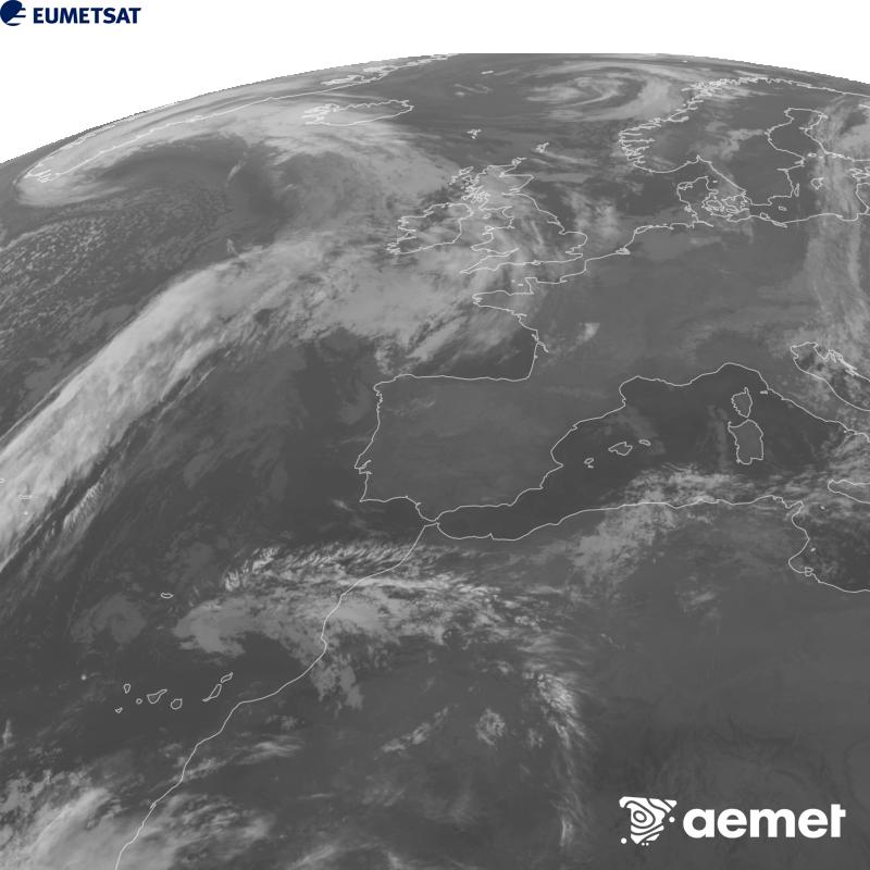 Irudi hau METEOSAT-12 satelitearen 10.5 �m Infragorri kanaleko informazioa erabiliz sortzen da, Meteosat (MTG) sateliteen hirugarren belaunaldikoa. Irudiak giza begiaren pertzepzioaren antz handiagoa izan dezan, grisen eskala alderantzizkoa da. Ordu horiek penintsulari dagozkio (ordubete gutxiago Kanariar Uharteetan).&nbsp;osteguna, 2026ko urriak 29, ordua: 00:00