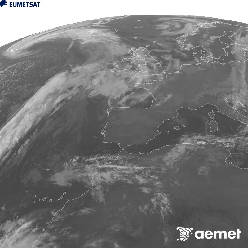 Irudi hau METEOSAT-12 satelitearen 10.5 �m Infragorri kanaleko informazioa erabiliz sortzen da, Meteosat (MTG) sateliteen hirugarren belaunaldikoa. Irudiak giza begiaren pertzepzioaren antz handiagoa izan dezan, grisen eskala alderantzizkoa da. Ordu horiek penintsulari dagozkio (ordubete gutxiago Kanariar Uharteetan).&nbsp;osteguna, 2026ko urriak 29, ordua: 01:00