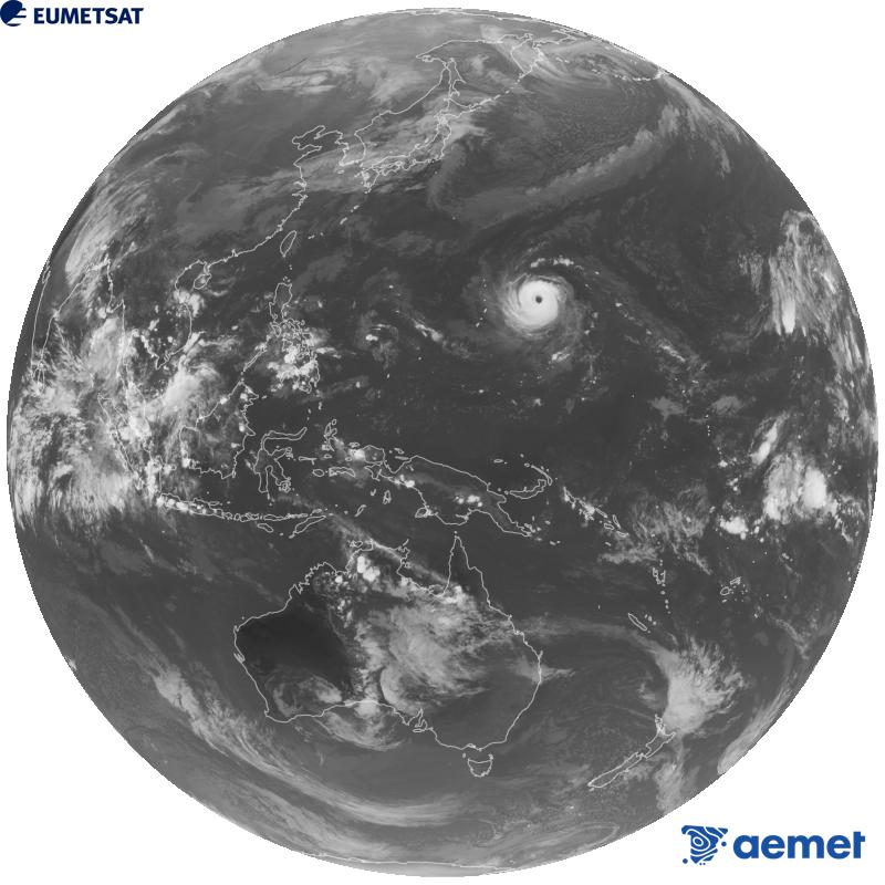 Imagen global del canal infrarrojo (longitud de onda 10.4 �m) del sat�lite geoestacionario japon�s Himawari-9. Las horas indicadas se refieren a la pen�nsula (una hora menos en las Islas Canarias).&nbsp;jueves, 29 octubre 2026 a las 10:00