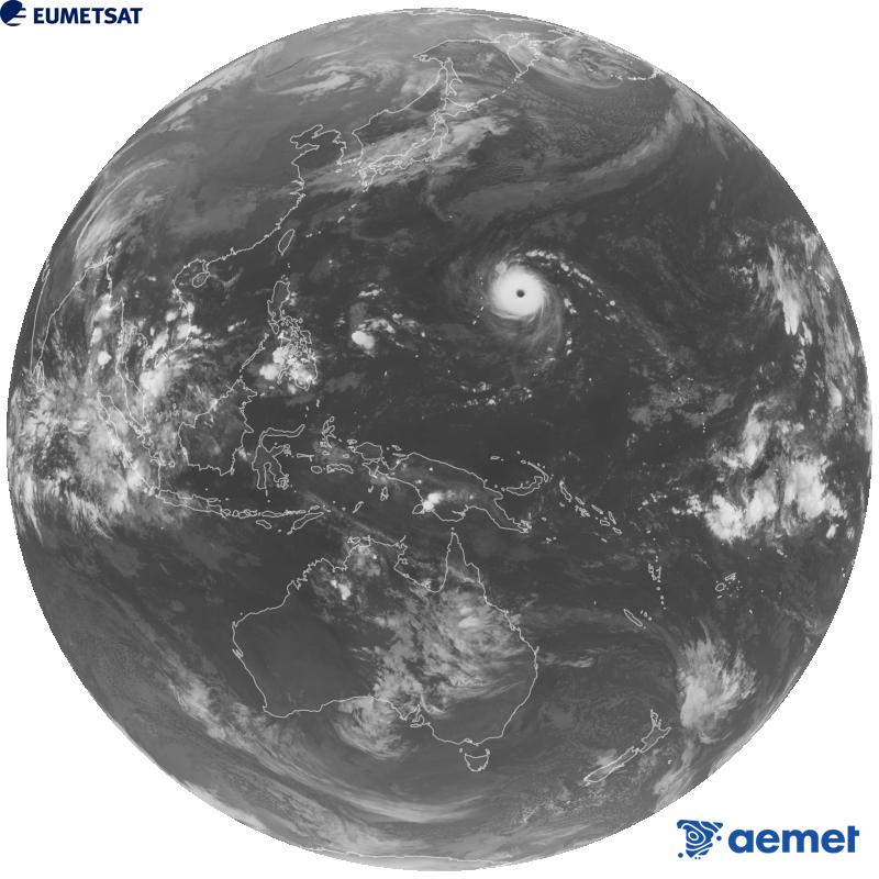 Imagen global del canal infrarrojo (longitud de onda 10.4 �m) del sat�lite geoestacionario japon�s Himawari-9. Las horas indicadas se refieren a la pen�nsula (una hora menos en las Islas Canarias).&nbsp;jueves, 29 octubre 2026 a las 16:00