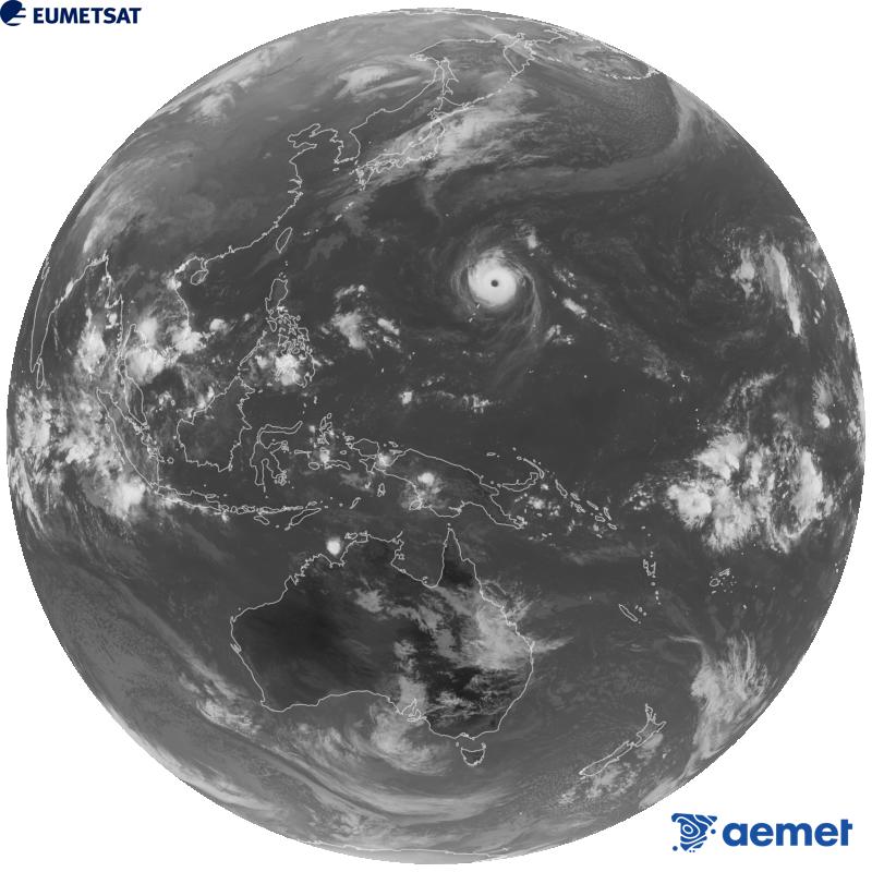 Imagen global del canal infrarrojo (longitud de onda 10.4 �m) del sat�lite geoestacionario japon�s Himawari-9. Las horas indicadas se refieren a la pen�nsula (una hora menos en las Islas Canarias).&nbsp;viernes, 30 octubre 2026 a las 01:00