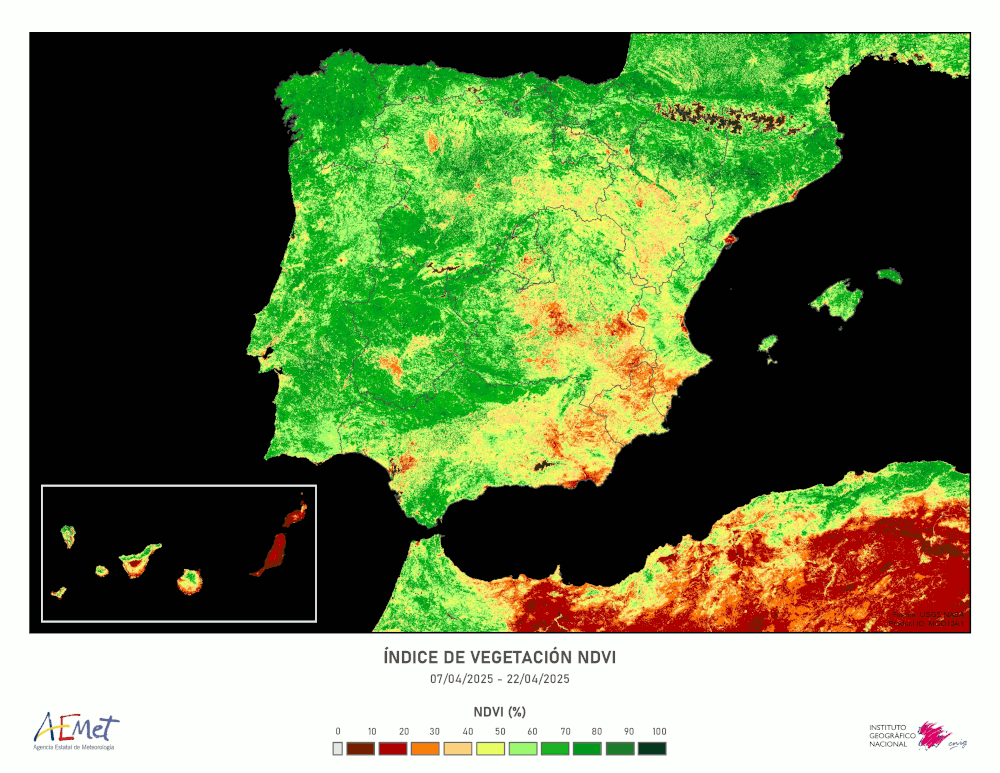 Esta imaxe realzase a partir do produto  MOD13A1 da NASA cunha combinacin dos datos da canle visible e do infravermello prximo do instrumento  MODIS portado polos satlites Terra e Aqua, que d unha idea do desenvolvemento da vexetacin. Isto  as debido a que a vexetacin absorbe moito a radiacin da canle visible pero reflicte fortemente a do infravermello prximo. A imaxe ten unha resolucin de 500  m, refrscase cada 16 das e mostra os datos acumulados no perodo indicado. A imaxe finalmente presentada aqu  froito dunha colaboracin entre  AEMET e o IGN.