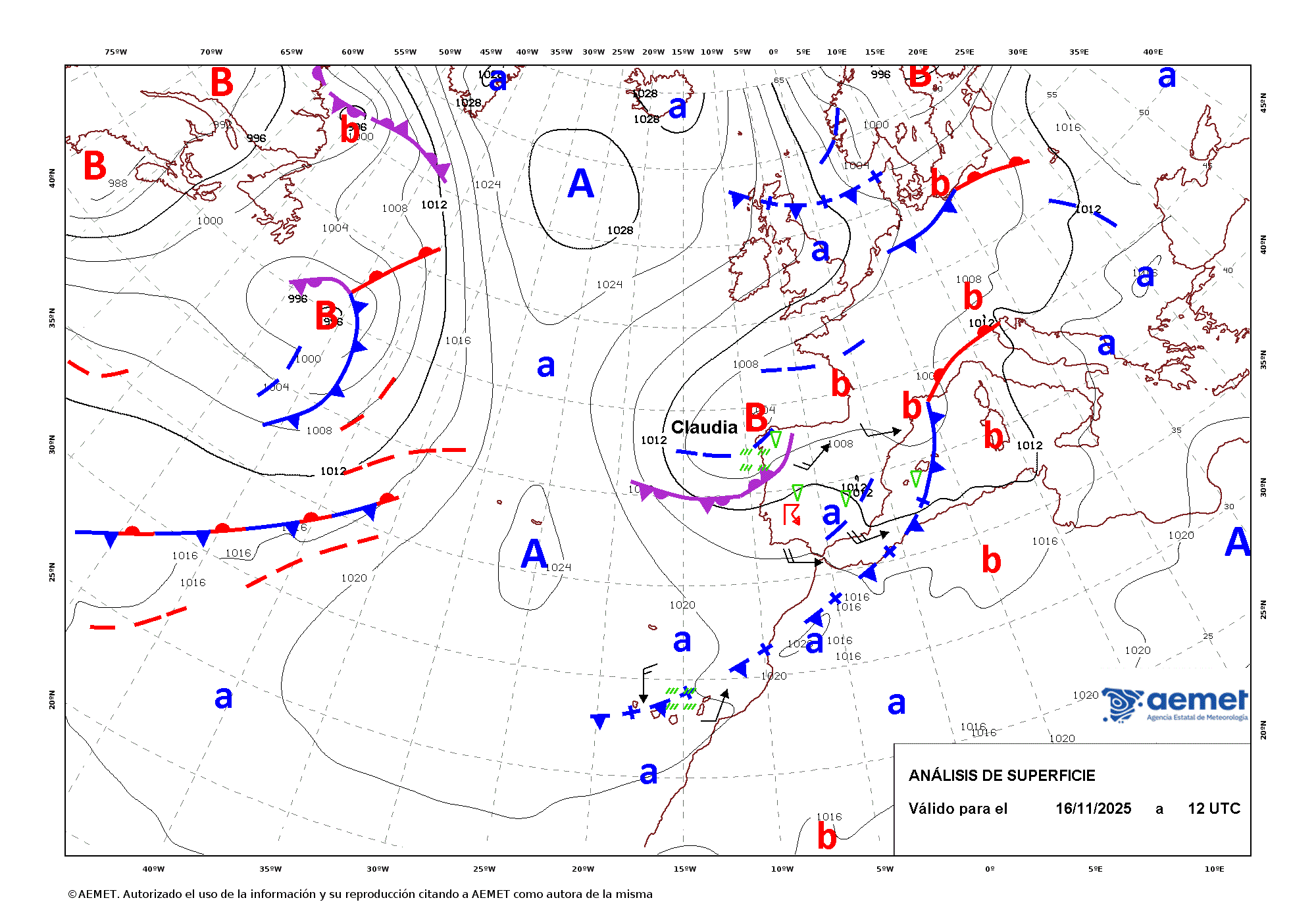 Imagenes del mapa de frentes domingo, 16 novembro  2025 13:00