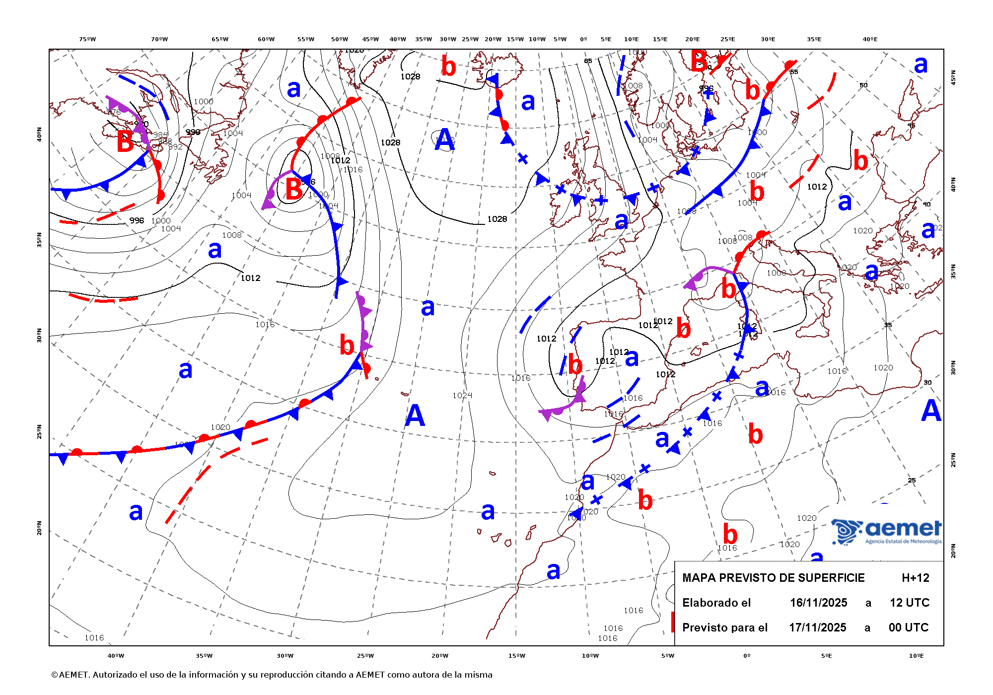 Imagenes del mapa de frentes luns, 17 novembro  2025 01:00