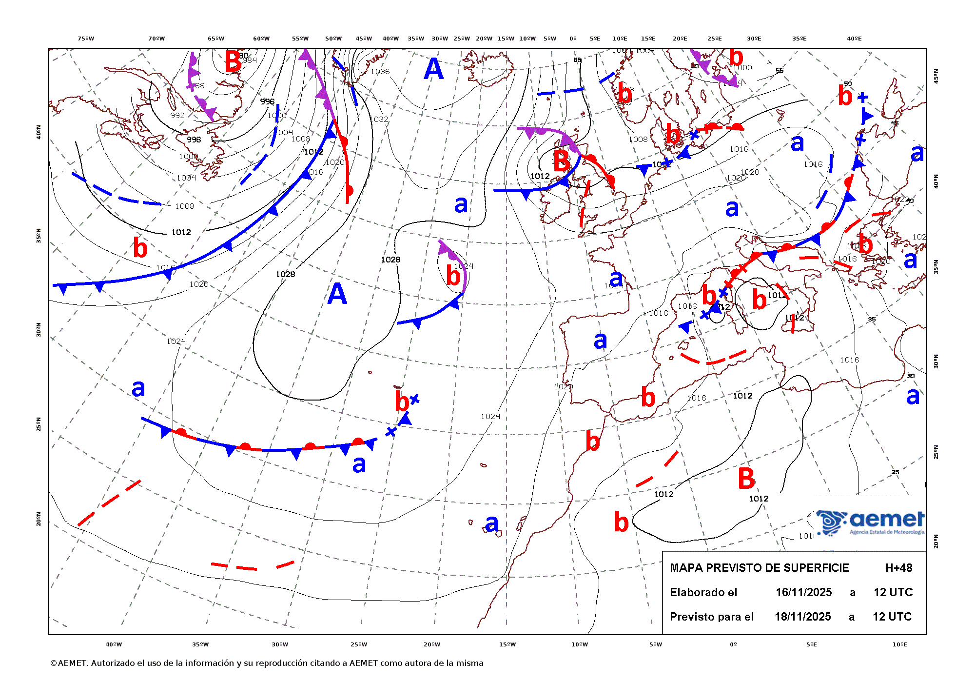 Imagenes del mapa de frentes martes, 18 novembro  2025 13:00