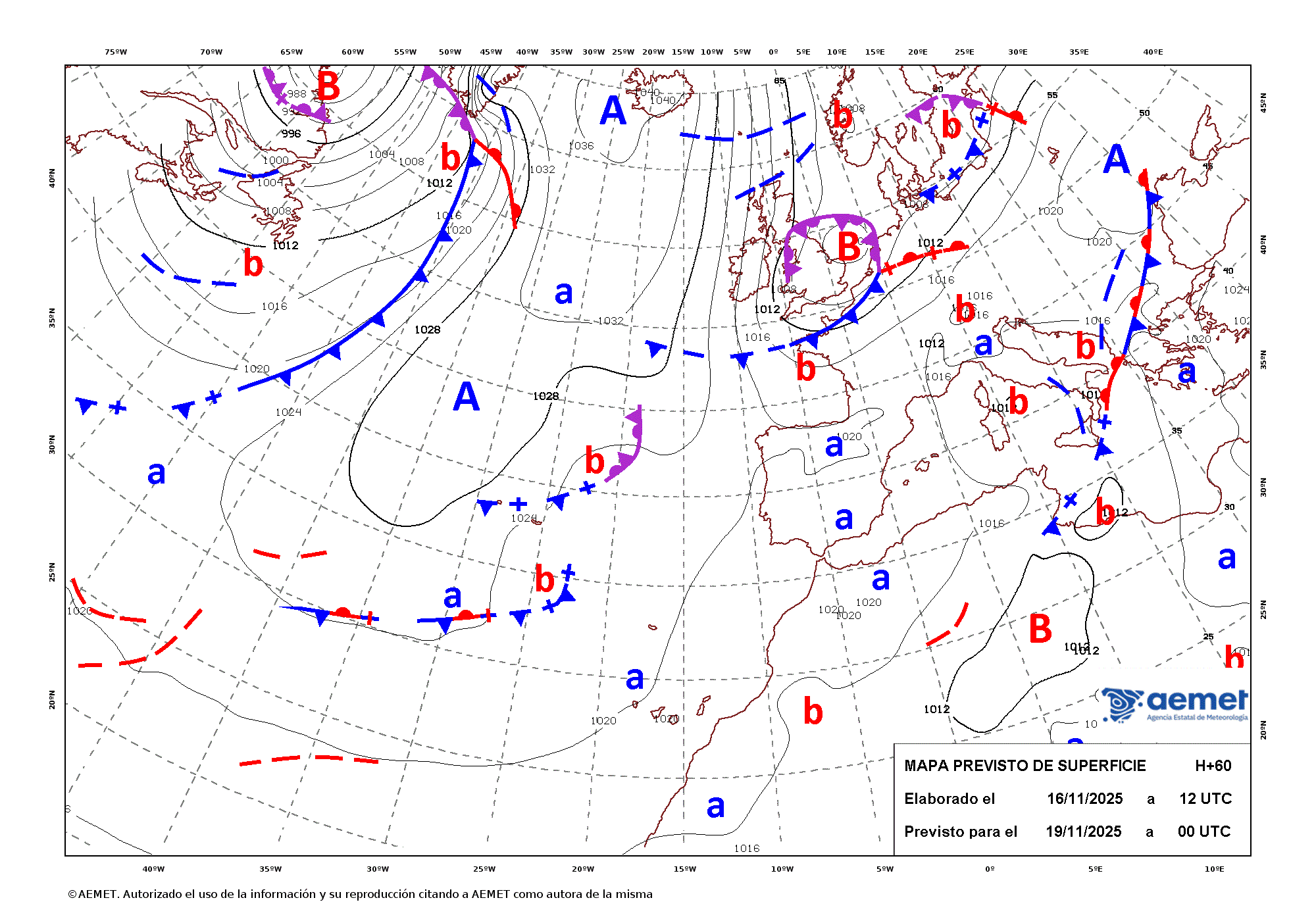 Imagenes del mapa de frentes mrcores, 19 novembro  2025 01:00