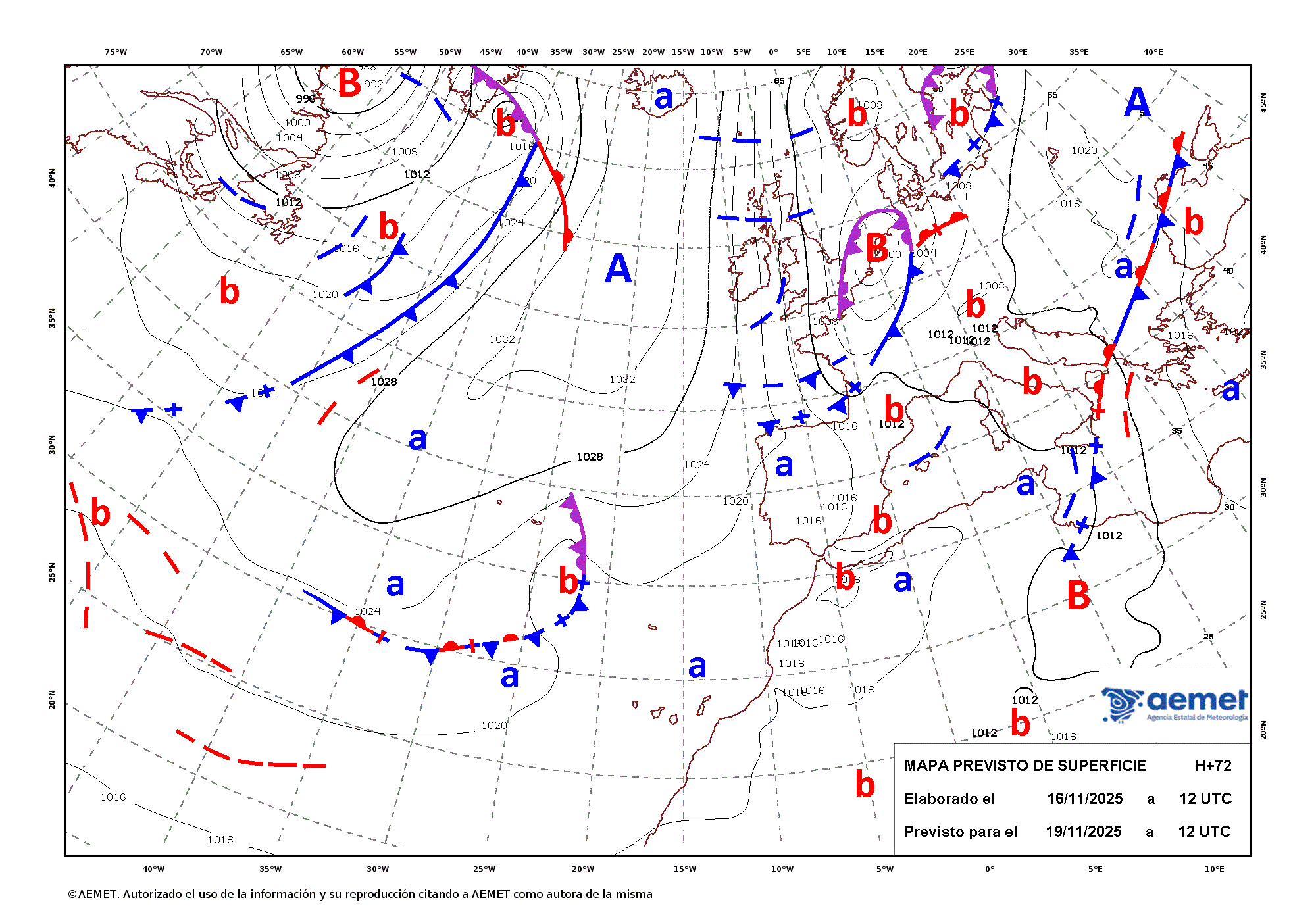 Imagenes del mapa con frentes mircoles, 19 noviembre 2025 a las 13:00