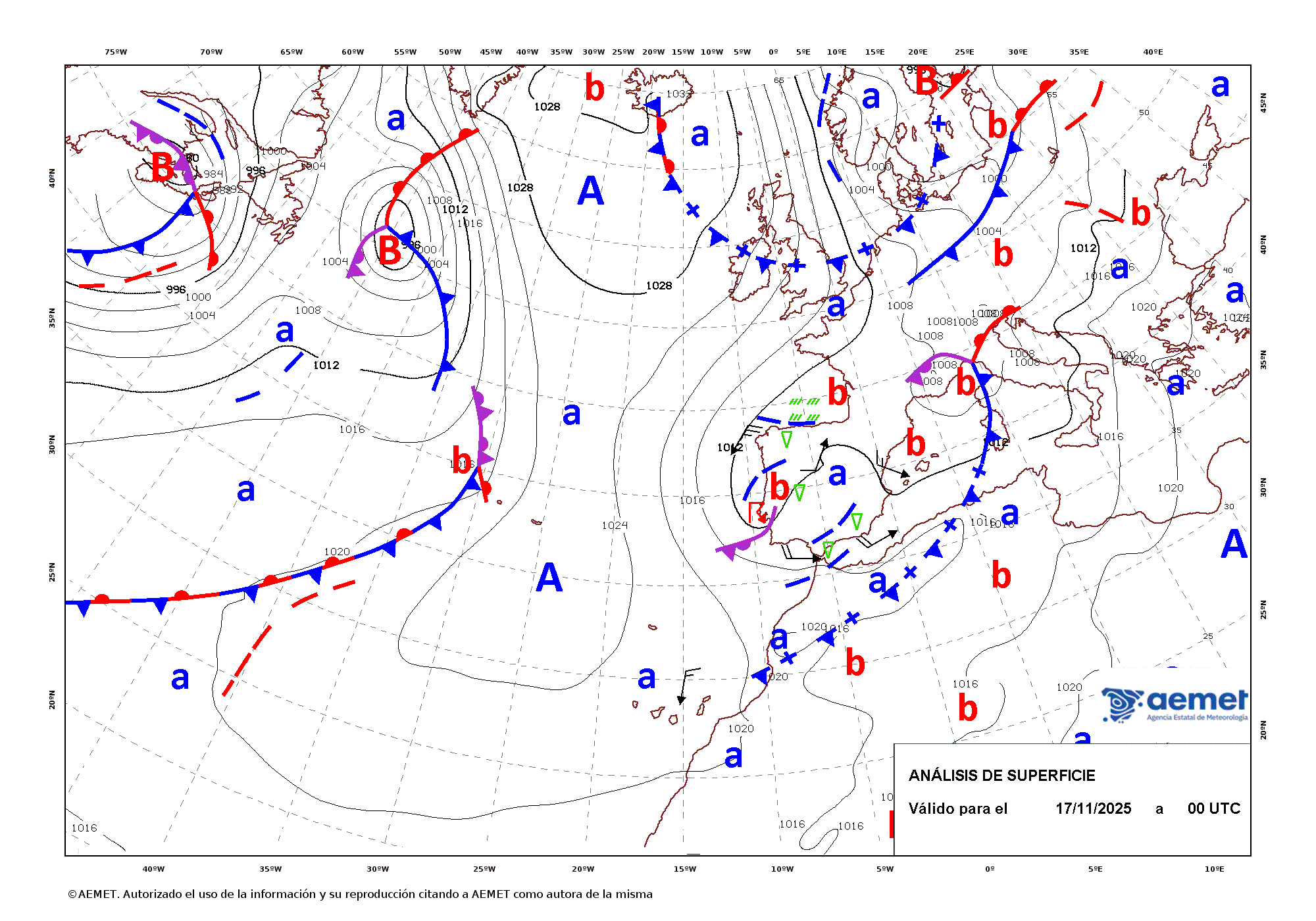 Imagenes del mapa con frentes lunes, 17 noviembre 2025 a las 01:00