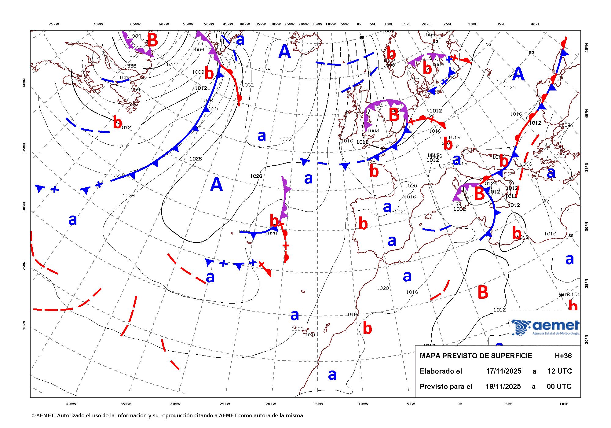 Imagenes del mapa de frentes dimecres, 19 de novembre  2025 01:00