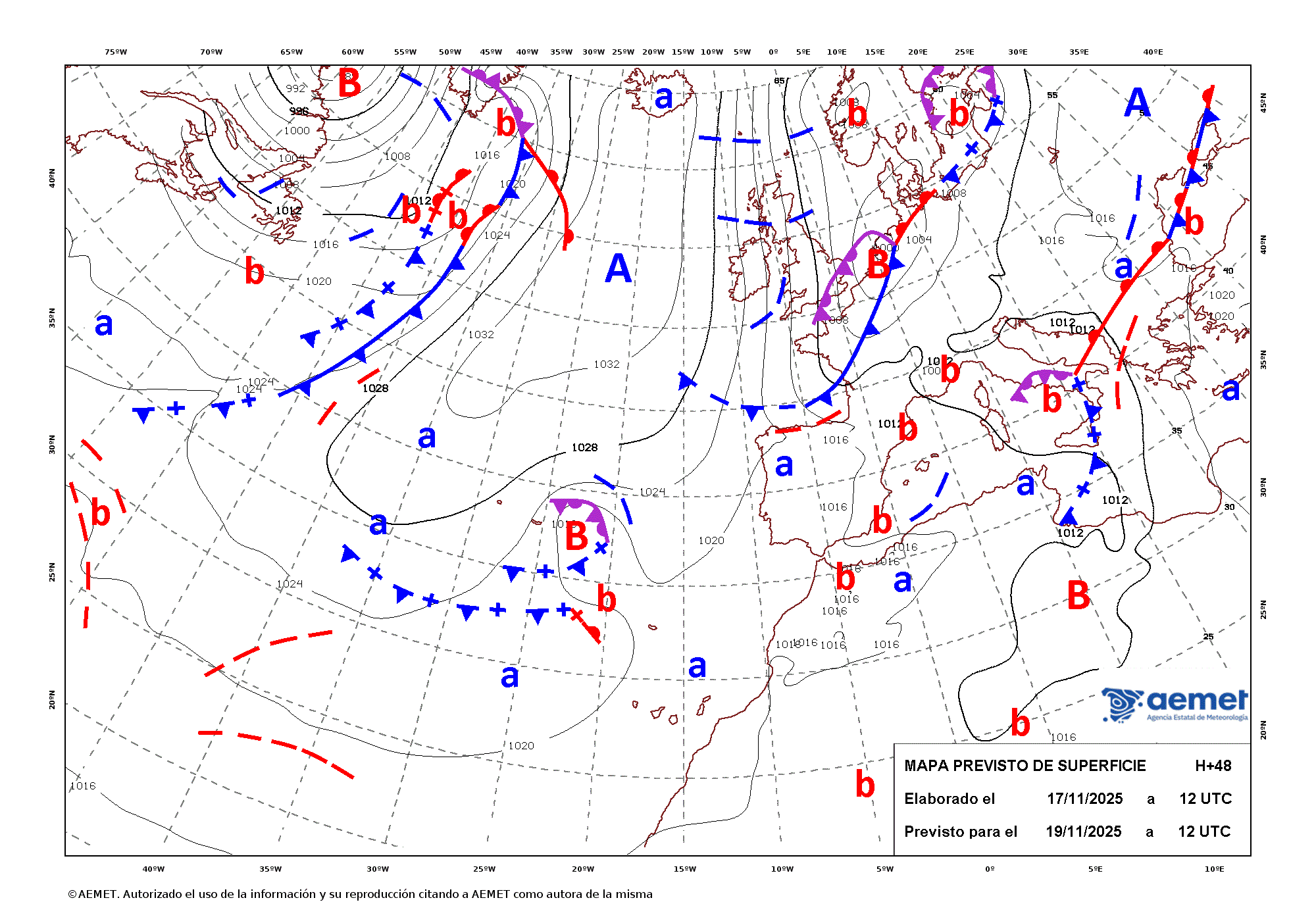 Imagenes del mapa de frentes asteazkena, 2025ko azaroak 19, ordua: 13:00