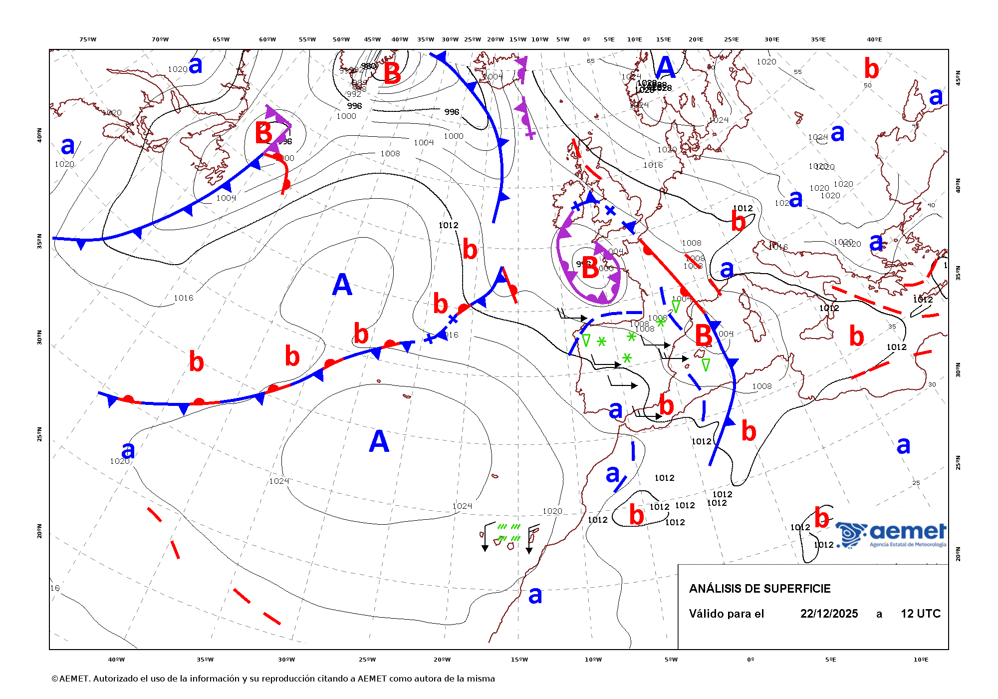 Imagenes del mapa de frentes&nbsp;astelehena, 2025ko abenduak 22, ordua: 13:00